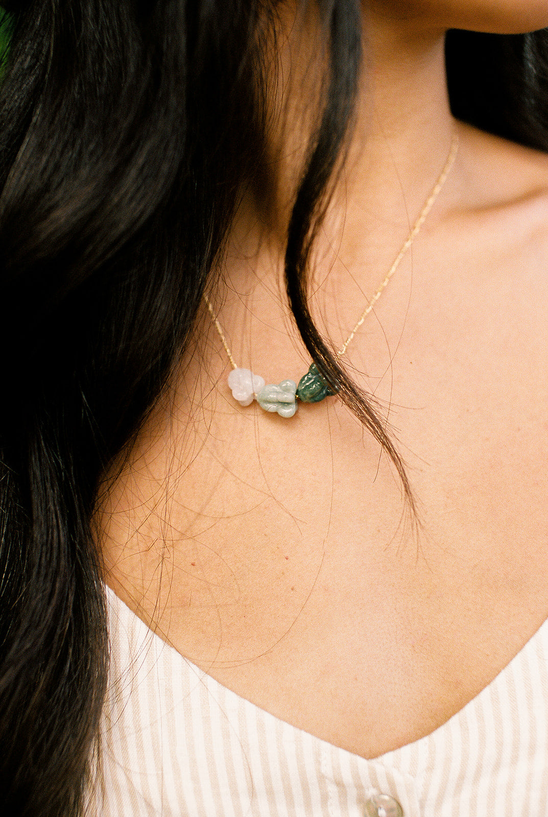 Gold Filled Floating Three Jade Crown Flower Ombre 18"