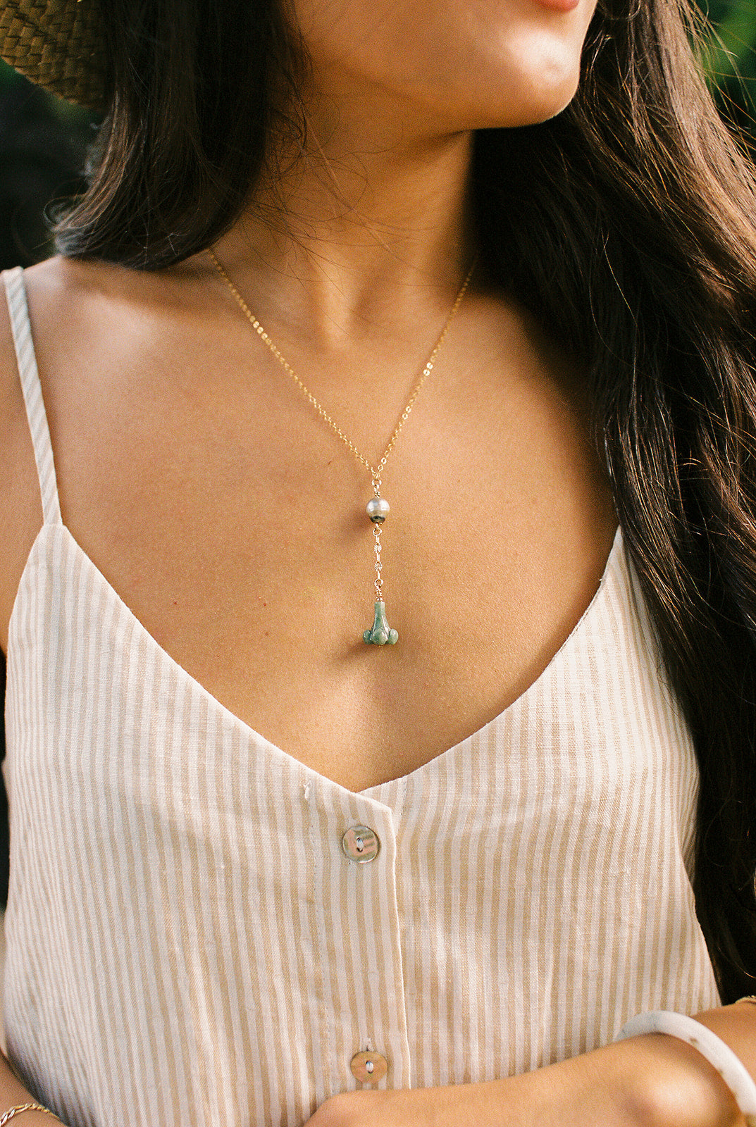 Gold Filled Tahitian Pearl & Jade Puakenikenil Lariat 18"