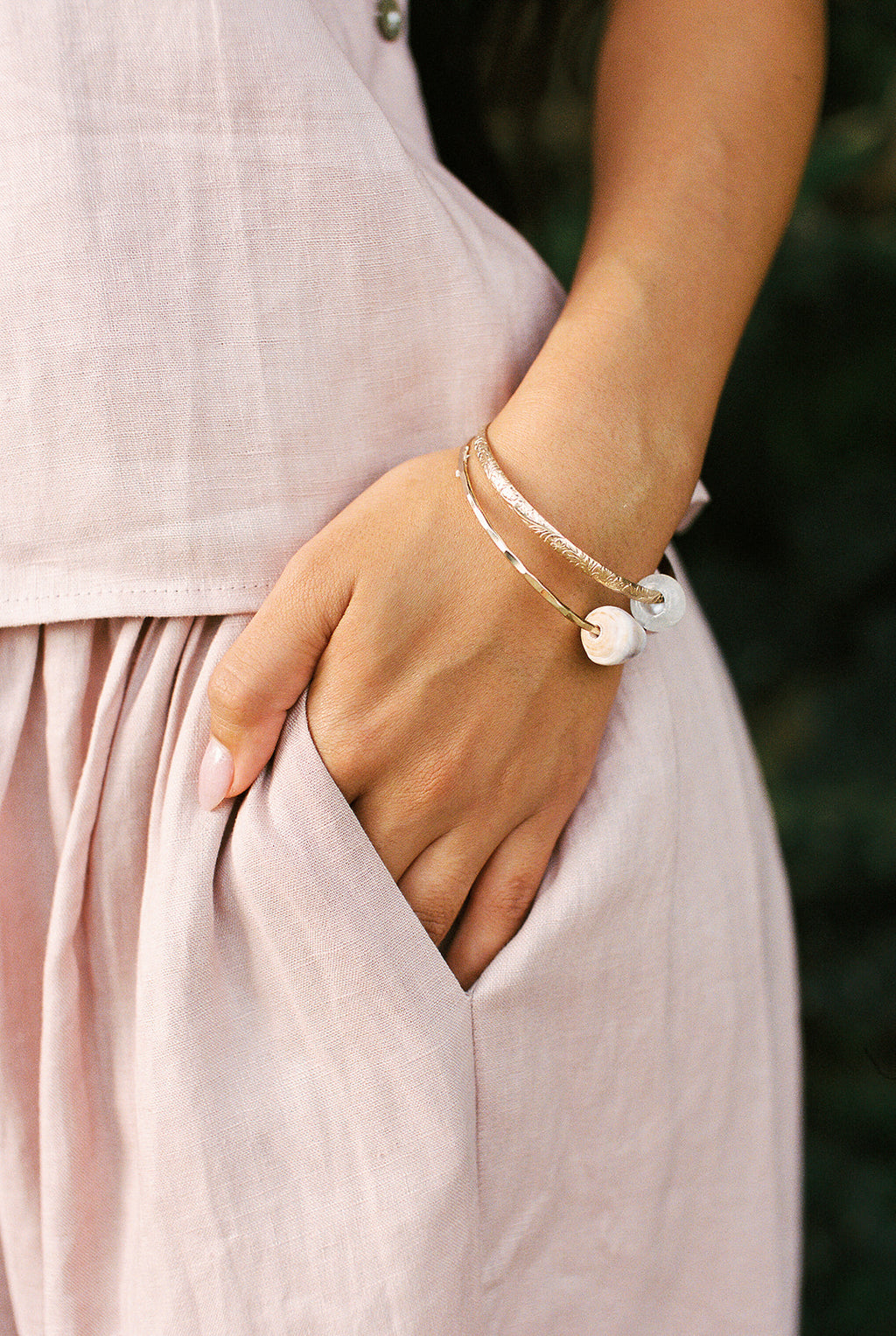 Gold Filled Heirloom Bangle w/ Pink Quartz Bead Size 7.5