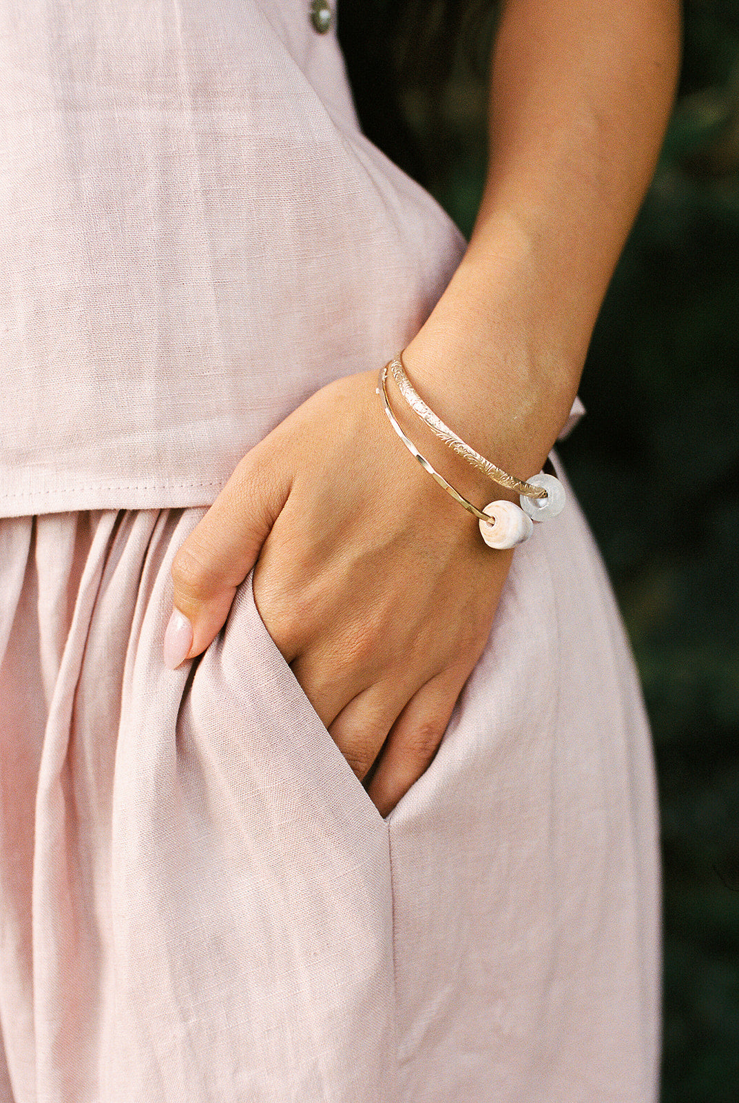 Gold Filled Heirloom Bangle w/ Pink Quartz Bead Size 7.5