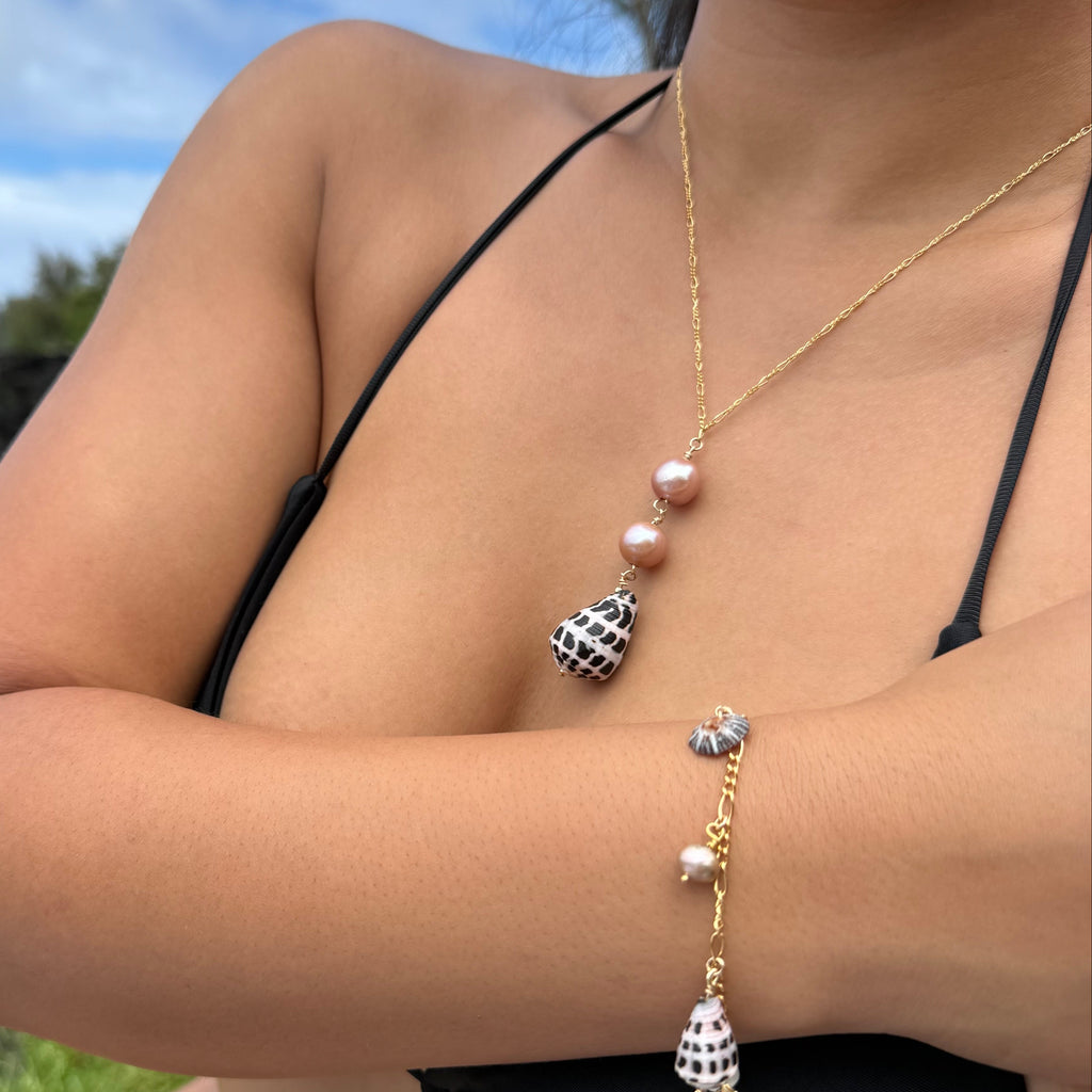 Gold Filled Pink Edison Pearl & Hebrew Shell Lariat 18"