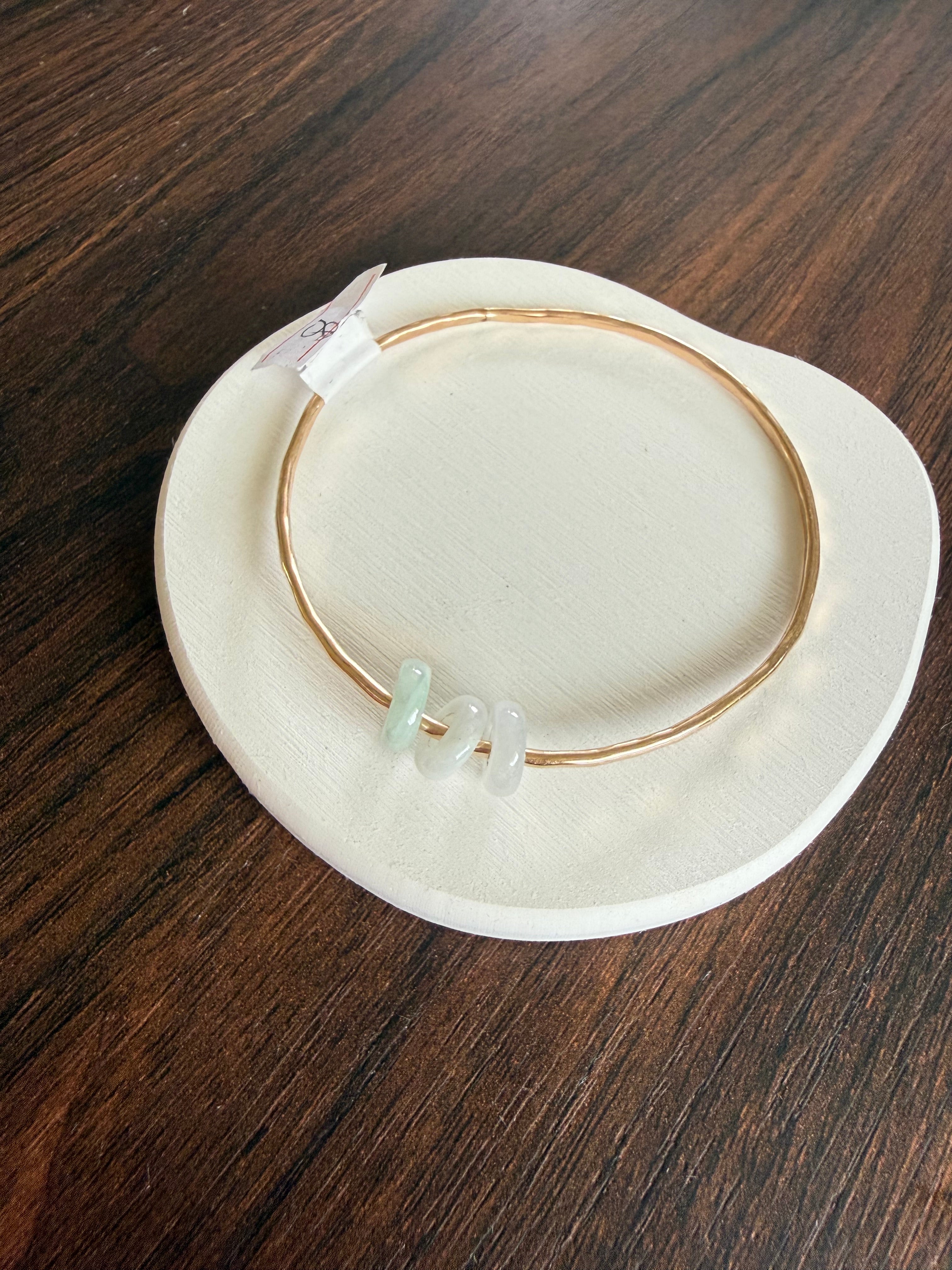 Gold Filled Bangle w/ Three Jade Beads Size 8 12g
