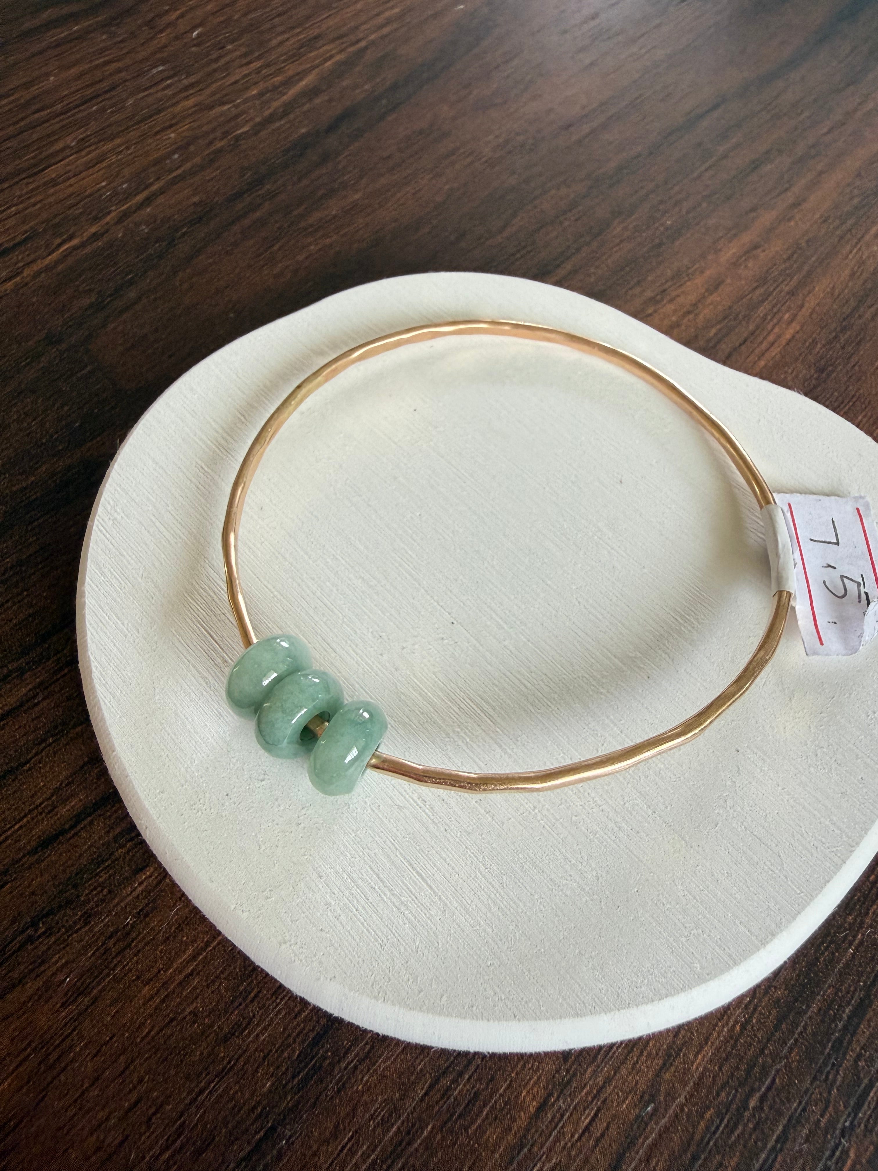 Gold Filled Bangle w/ Three Jade Beads Size 7.5 12g
