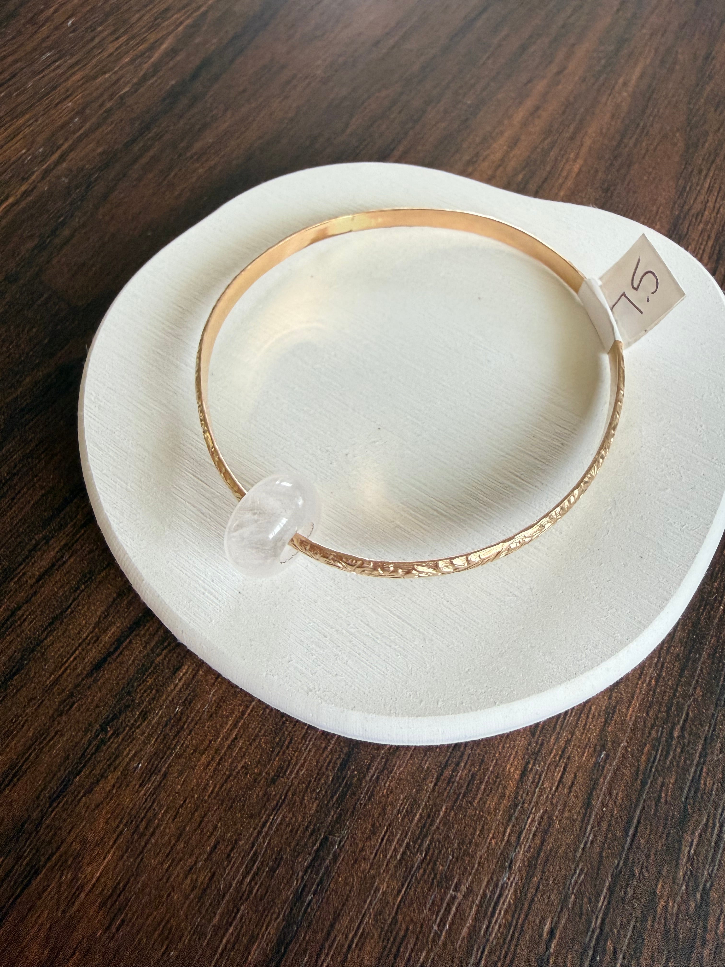 Gold Filled Heirloom Bangle w/ Pink Quartz Bead Size 7.5