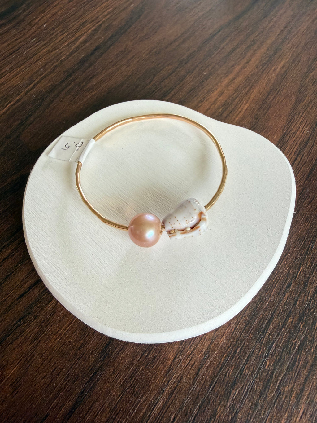 Gold Filled Bangle w/ a Cone Shell and Pink Edison Pearl Size 6.5 12g