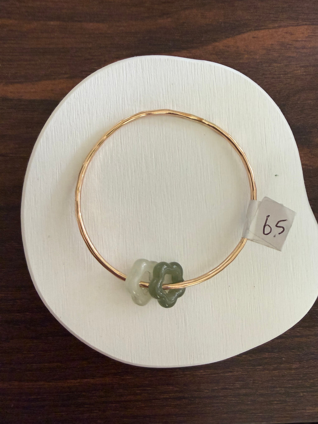Gold Filled Bangle w/ Two Jade Flowers Size 6.5 12g