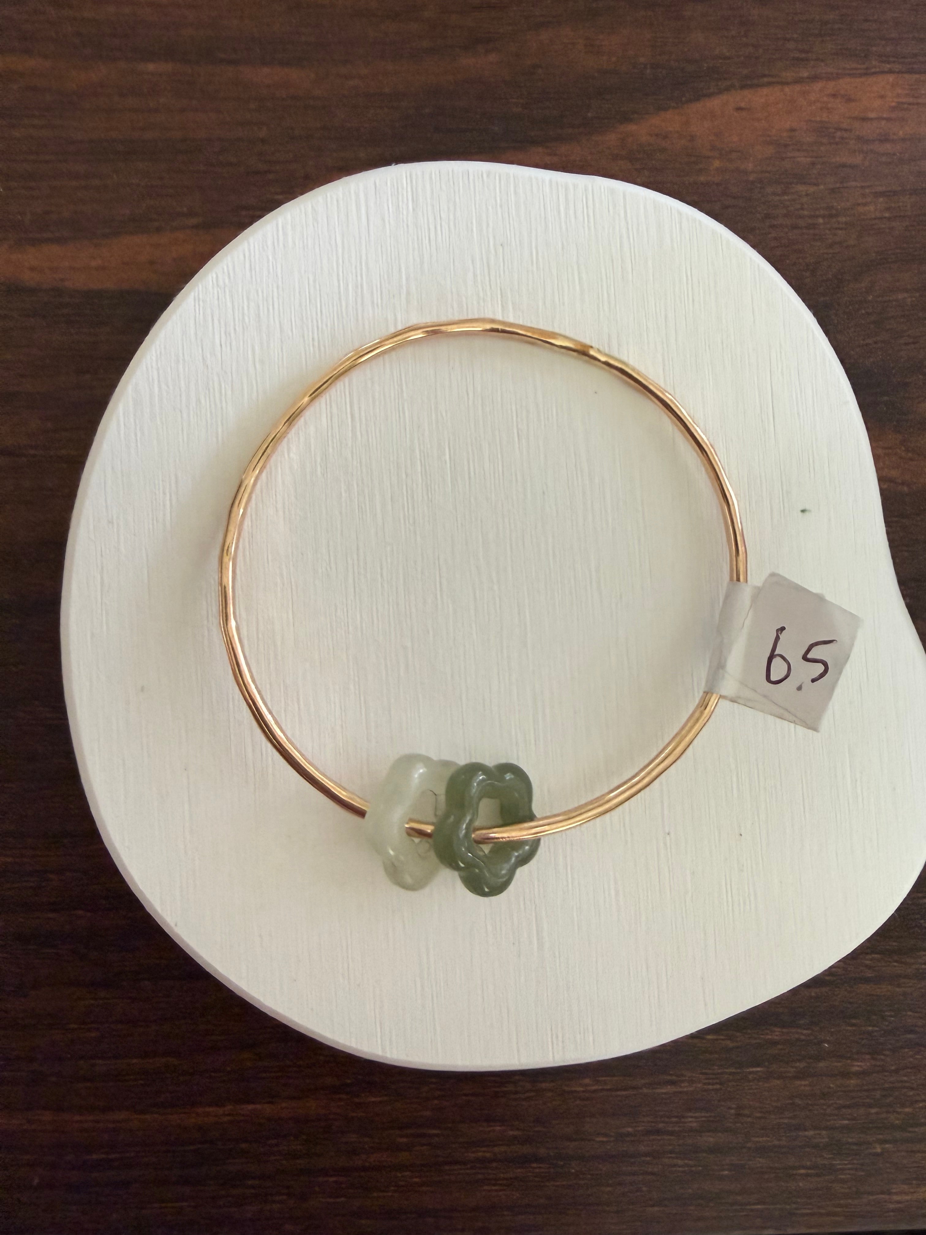 Gold Filled Bangle w/ Two Jade Flowers Size 6.5 12g